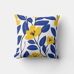 Elegant Yellow Floral and Blue Leaf Pillow