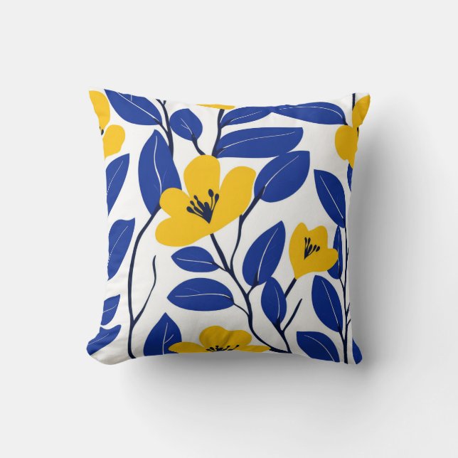 Elegant Yellow Floral and Blue Leaf Pillow (Front)