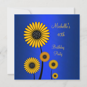 Elegant Yellow Floral Blue 40th Birthday Invitation