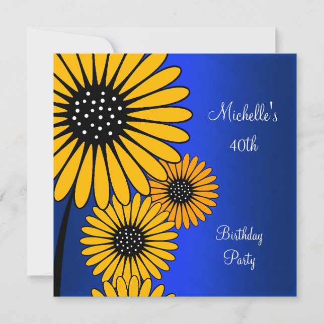 Elegant Yellow Floral Blue 40th Birthday Invitation (Front)