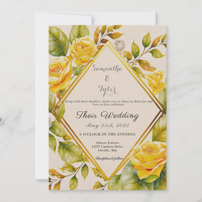 Elegant Yellow Floral Botanical Watercolor Wedding Invitation (Front)