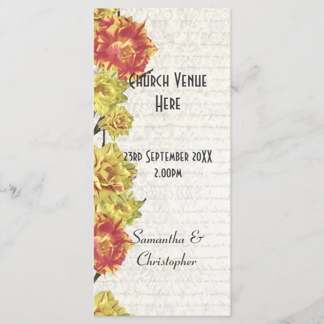 Elegant yellow floral church wedding program programme (Front)