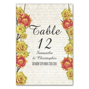 Elegant yellow floral country floral wedding table number