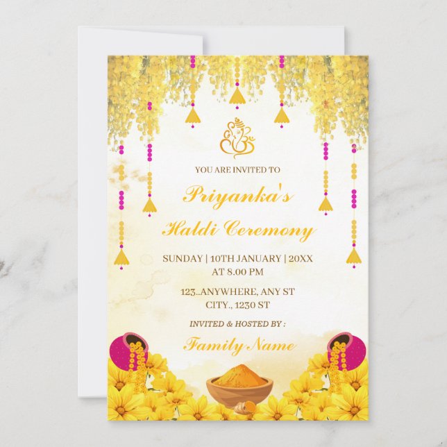 Elegant Yellow Floral Haldi Ceremony Invitation (Front)