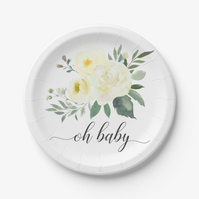 Elegant Yellow Floral Oh Baby Shower Plate (Front)