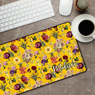 Elegant yellow Floral pattern monogram Desk Mat