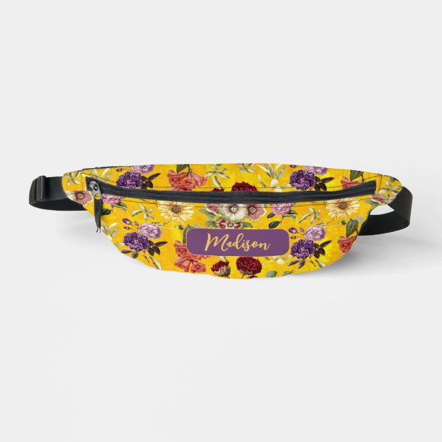Elegant yellow Floral pattern monogram Printed Bum Bags (Front)