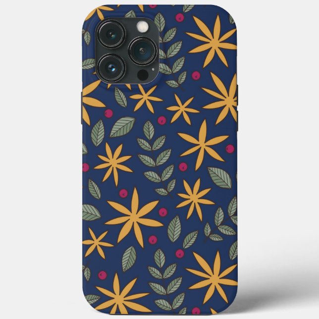 Elegant Yellow Floral Pattern on Blue Case-Mate iPhone Case (Back)