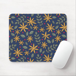 Elegant Yellow Floral Pattern on Blue Mouse Mat