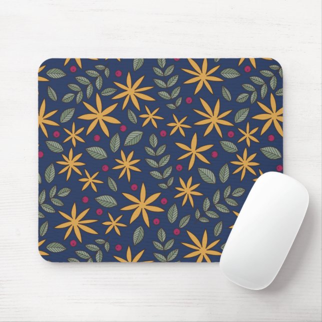 Elegant Yellow Floral Pattern on Blue Mouse Mat (With Mouse)