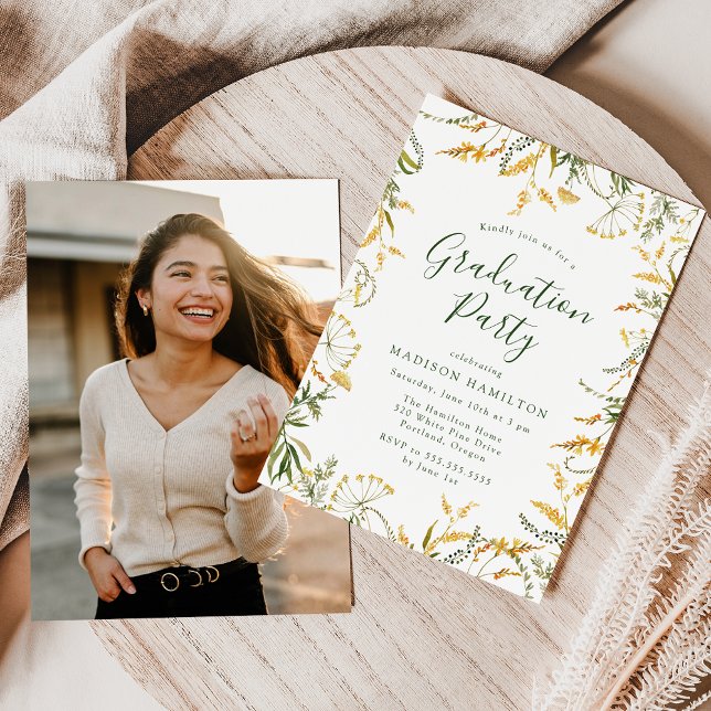 Elegant Yellow Floral Photo Graduation Party Invitation (Creator Uploaded)