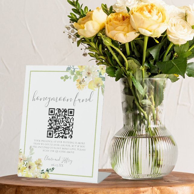 Elegant Yellow Floral Sage Green Honeymoon Fund Pedestal Sign (Creator Uploaded)