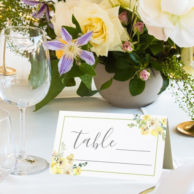 Elegant Yellow Floral Sage Green Summer Wedding Place Card (Creator Uploaded)