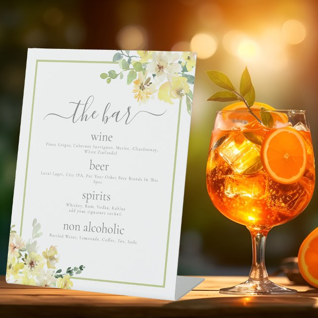 Elegant Yellow Floral Sage Green Wedding Bar Menu Pedestal Sign (Creator Uploaded)