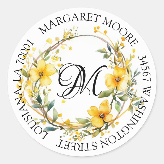 Elegant Yellow Floral Script Monogram Address Classic Round Sticker (Front)
