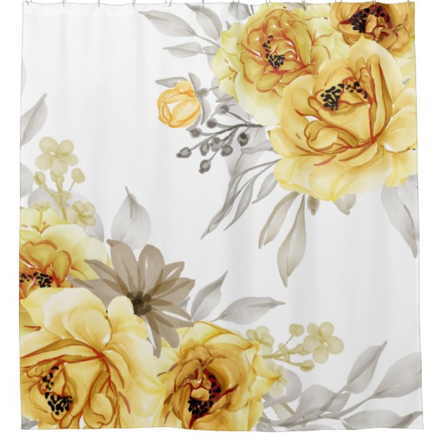 Elegant Yellow Floral Watercolor Shower Curtain (Front)