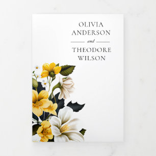 Elegant Yellow Floral Wedding All in One QR Code  Tri-Fold Invitation