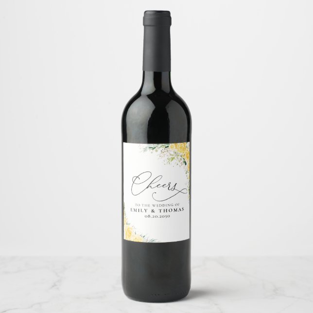 Elegant Yellow Floral Wedding Wine Bottle Label (Front)