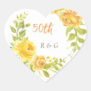 Elegant Yellow Flower 50th Wedding Anniversary Heart Sticker