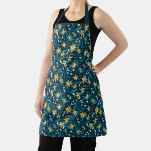 Elegant Yellow Flower Pattern in Dark Green Leaves Apron
