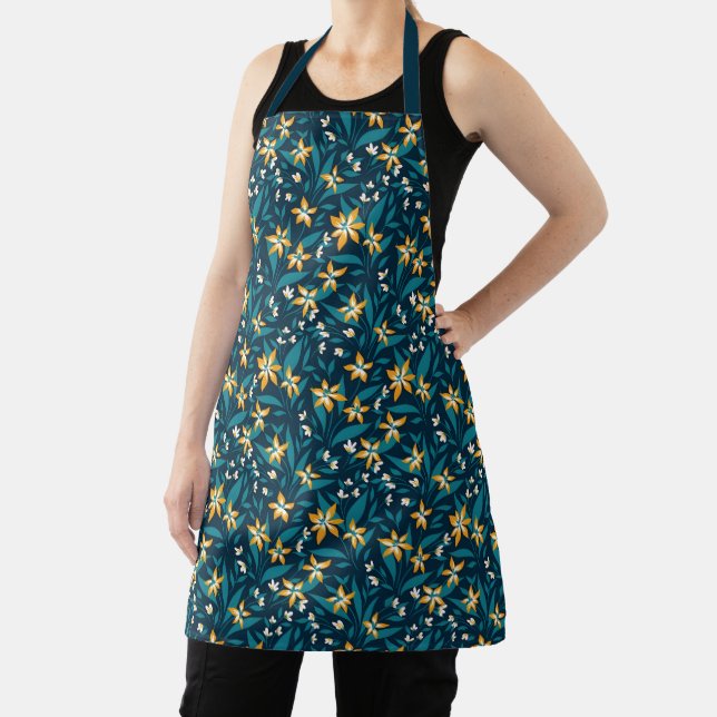 Elegant Yellow Flower Pattern in Dark Green Leaves Apron (Insitu)