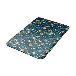 Elegant Yellow Flower Pattern in Dark Green Leaves Bath Mat