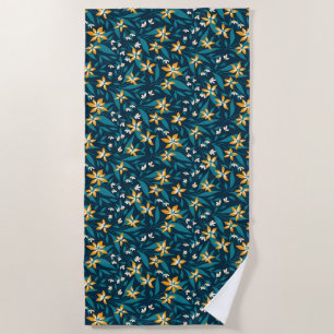 Elegant Yellow Flower Pattern in Dark Green Leaves Beach Towel