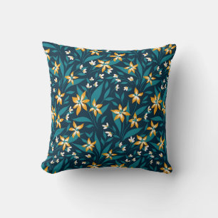 Elegant Yellow Flower Pattern in Dark Green Leaves Cushion