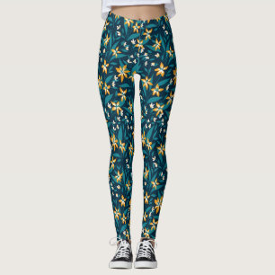 Elegant Yellow Flower Pattern in Dark Green Leaves Leggings