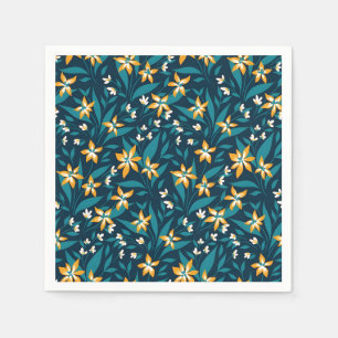 Elegant Yellow Flower Pattern in Dark Green Leaves Napkin