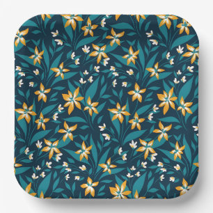 Elegant Yellow Flower Pattern in Dark Green Leaves Paper Plate