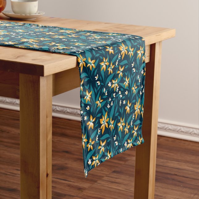 Elegant Yellow Flower Pattern in Dark Green Leaves Short Table Runner (In Situ)