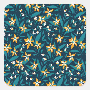 Elegant Yellow Flower Pattern in Dark Green Leaves Square Sticker