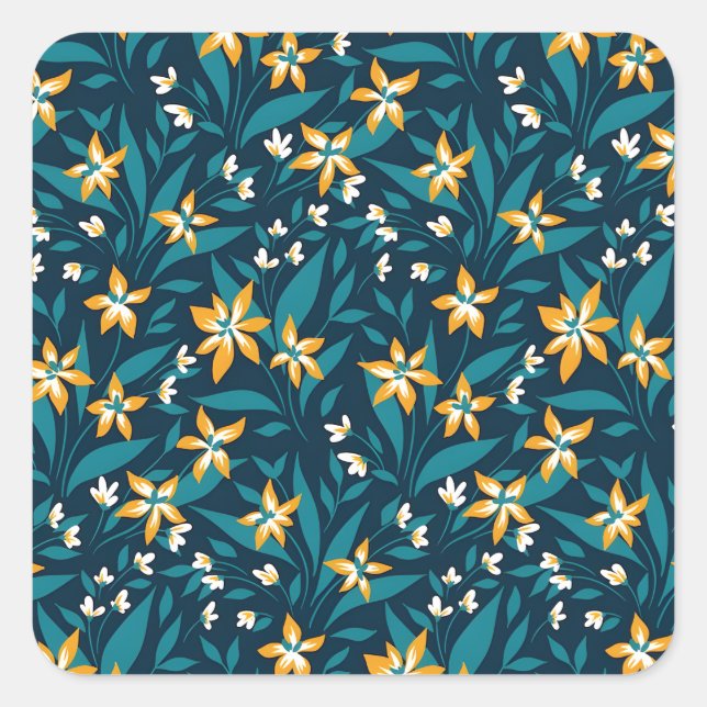 Elegant Yellow Flower Pattern in Dark Green Leaves Square Sticker (Front)