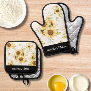 Elegant Yellow Flowers & Kraft Personalised Gift Oven Mitt & Pot Holder Set