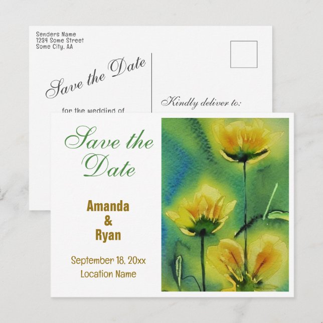 Elegant Yellow Flowers Wedding Save the Date  Announcement Postcard (Front/Back)