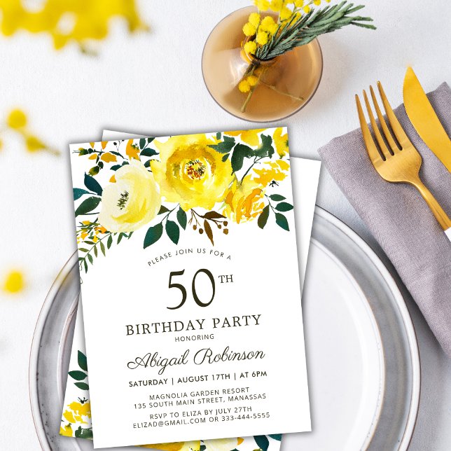 Elegant Yellow Garden Rose Floral 50th Birthday Invitation (Creator Uploaded)