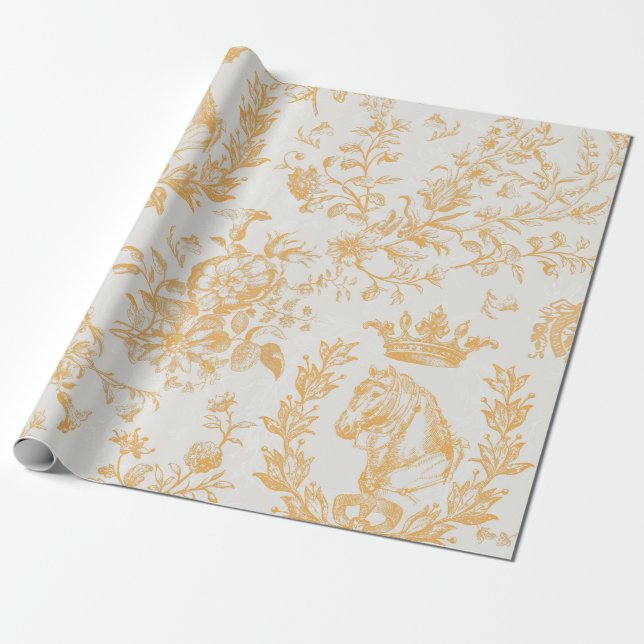 Elegant Yellow Gold Beige Equestrian Floral Toile Wrapping Paper (Unrolled)