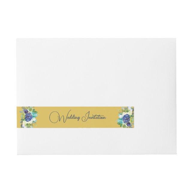Elegant Yellow Gold Colour Navy & White Roses Wraparound Address Label (Front)