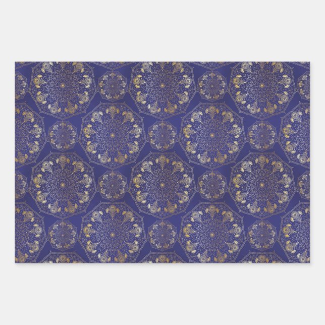 Elegant Yellow Gold Daisy & Snowdrop Mandala Blue  Wrapping Paper Sheet (Front)