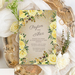 Elegant Yellow Gold Floral Glitter Brown Wedding Invitation