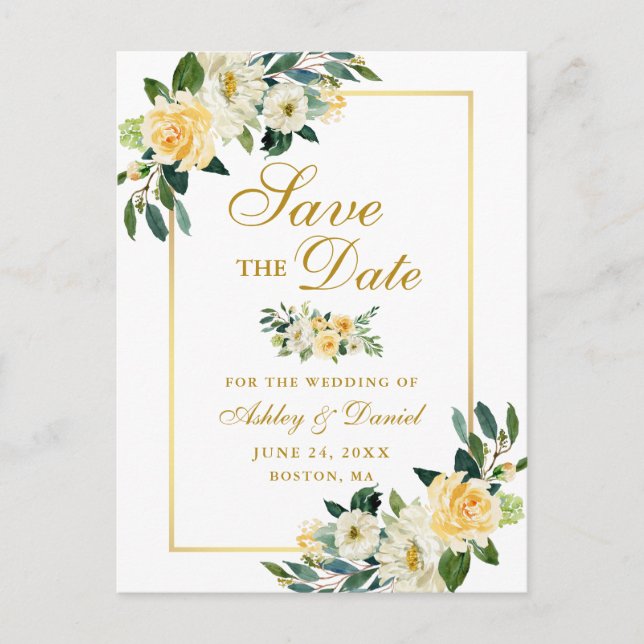 Elegant Yellow Gold Floral Save the Date Announcement Postcard (Front)