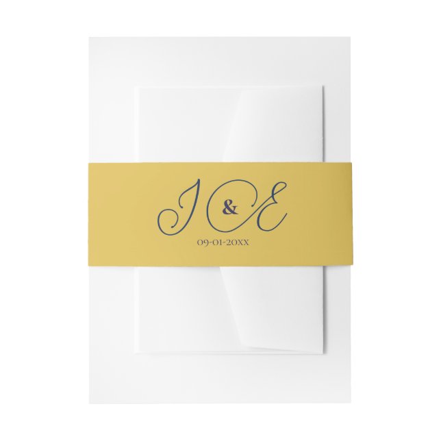 Elegant Yellow Gold & Navy Wedding Invitation Invitation Belly Band (Front Example)