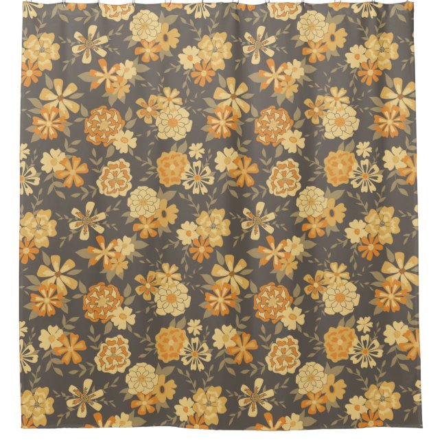 Elegant Yellow Gold Orange Flowers On Brown Shower Curtain (Front)