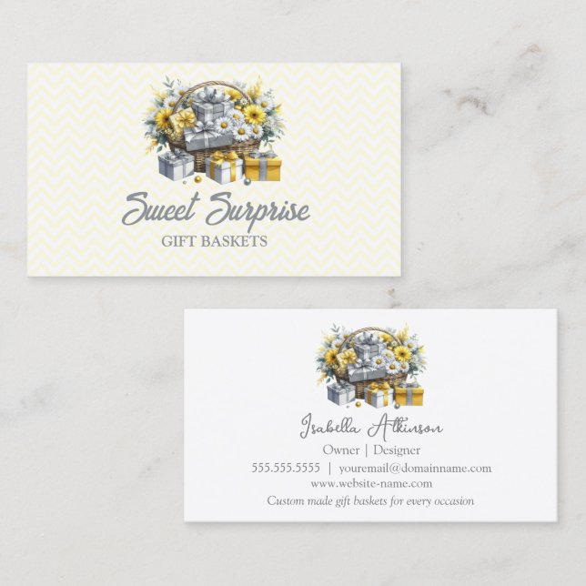 Elegant Yellow Gold Silver Gift Basket Business Card (Front/Back)