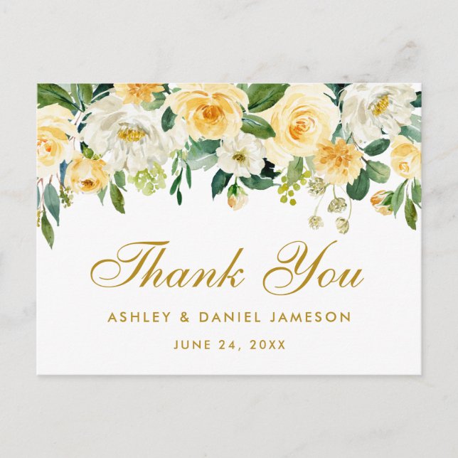 Elegant Yellow Gold White Floral Wedding Thank You Postcard (Front)