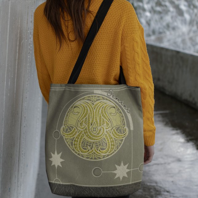 Elegant Yellow Gray Gemini Zodiac Sign Mandala Tote Bag (Creator Uploaded)
