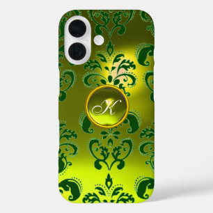 ELEGANT YELLOW GREEN DAMASK GEMSTONE MONOGRAM iPhone 16 CASE