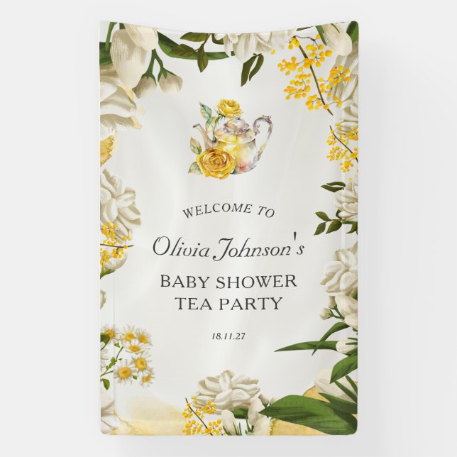 Elegant Yellow Green Floral Tea Party Baby Shower Banner (Vertical)