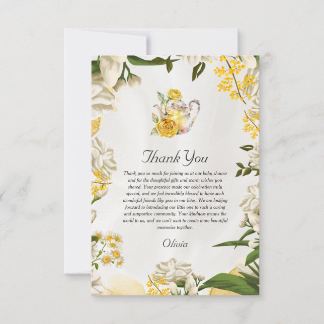 Elegant Yellow Green Floral Tea Party Baby Shower Thank You Card (Front)